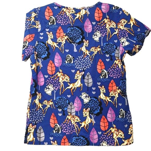 Disney Bambi Nurse Scrub Top Short Sleeve V-Neck Pockets Blue Womens Size XS - Picture 2 of 6